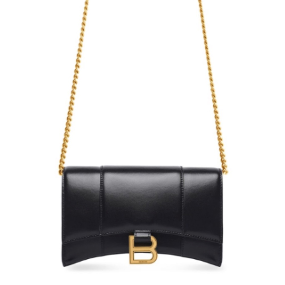 Hourglass Wallet On Chain in black shyni box calfskin, aged-gold hardware